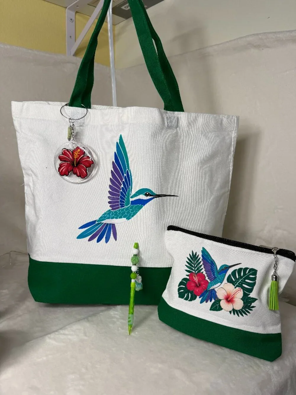 Large Hummingbird Tote Bag Set with Matching Pouch – 12